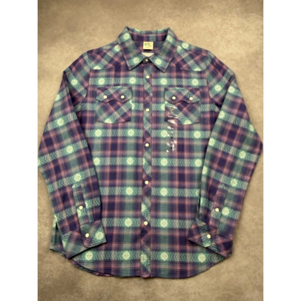 NWT Bass Pro Shops Women XL Western Snap Shirt Purple Blue Plaid Flannel Camp